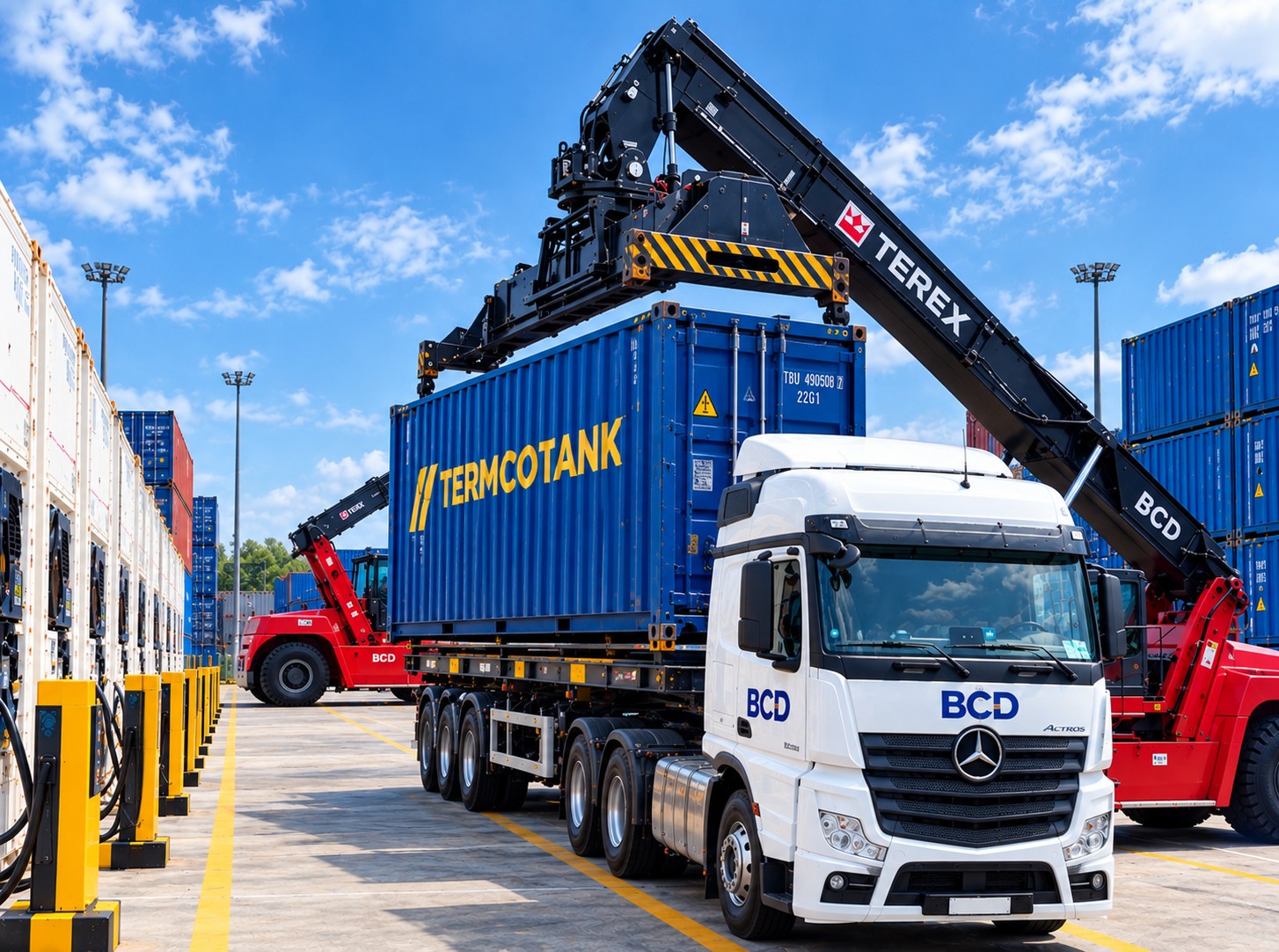 BCD truck and reach stacker at work