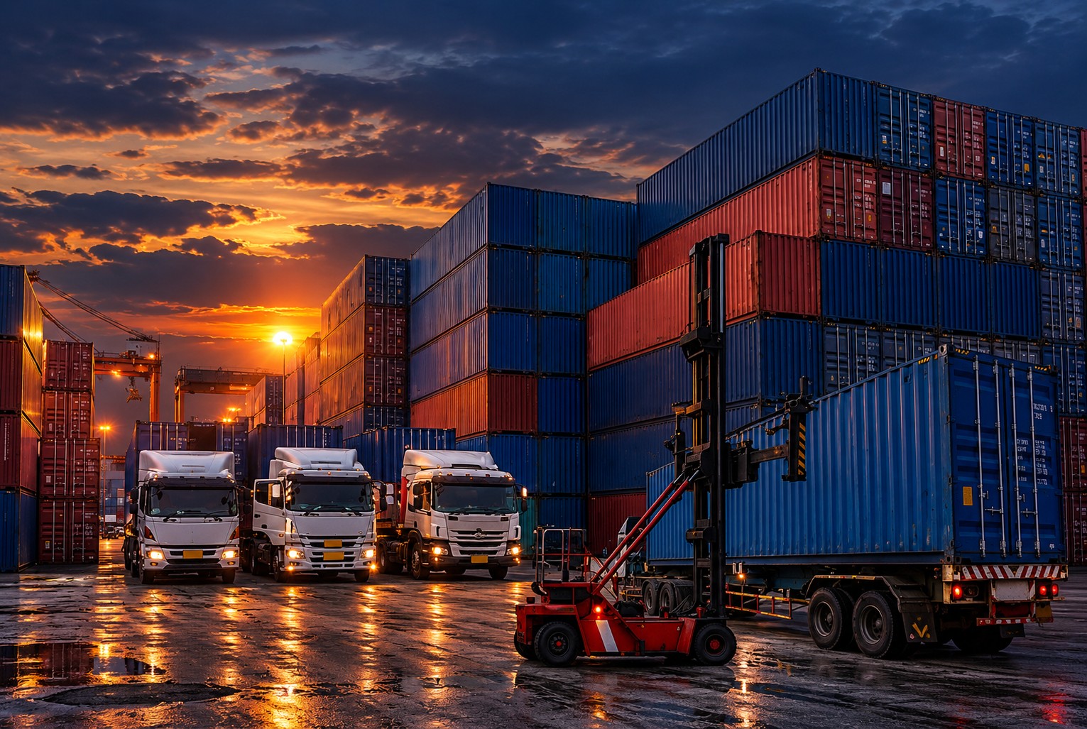 Container stacks at sunset