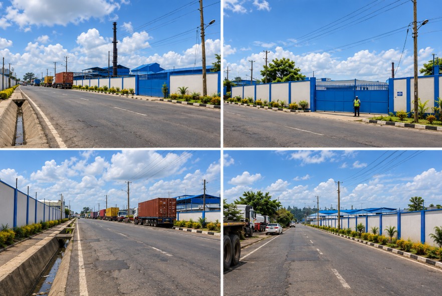 The road and perimeter wall outside BCD in Changamwe