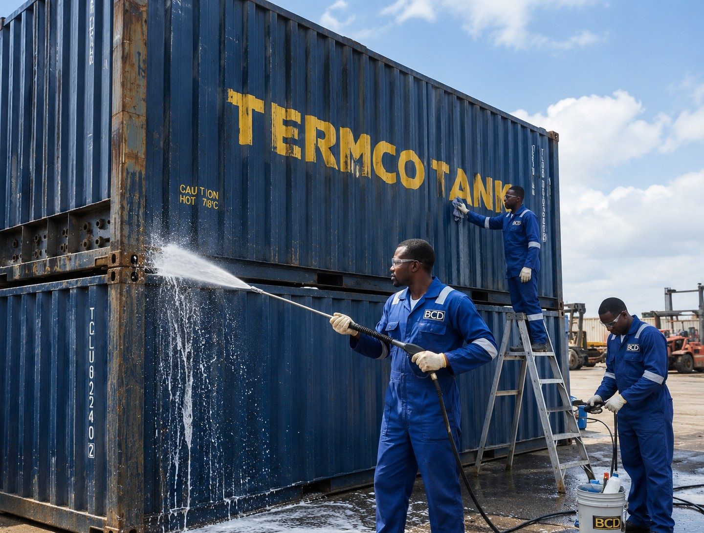 BCD crew cleaning and preparing a container